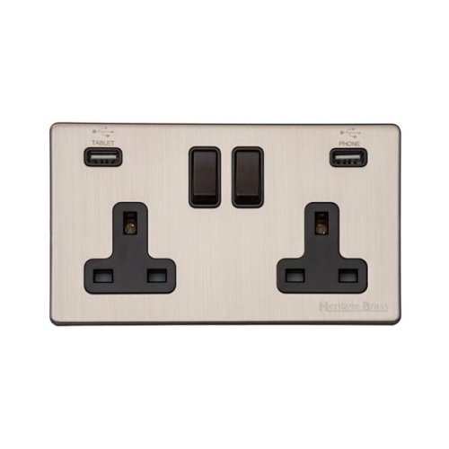 Heritage Brass Vintage Satin Nickel 13A Double Socket and Dual USB ...