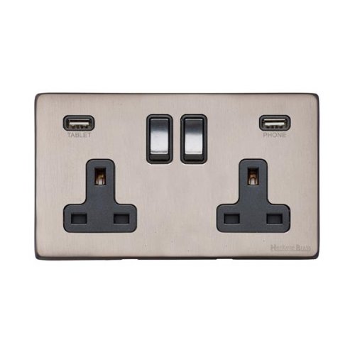 Heritage Brass Vintage Aged Pewter 13A Double Socket and Dual USB ...